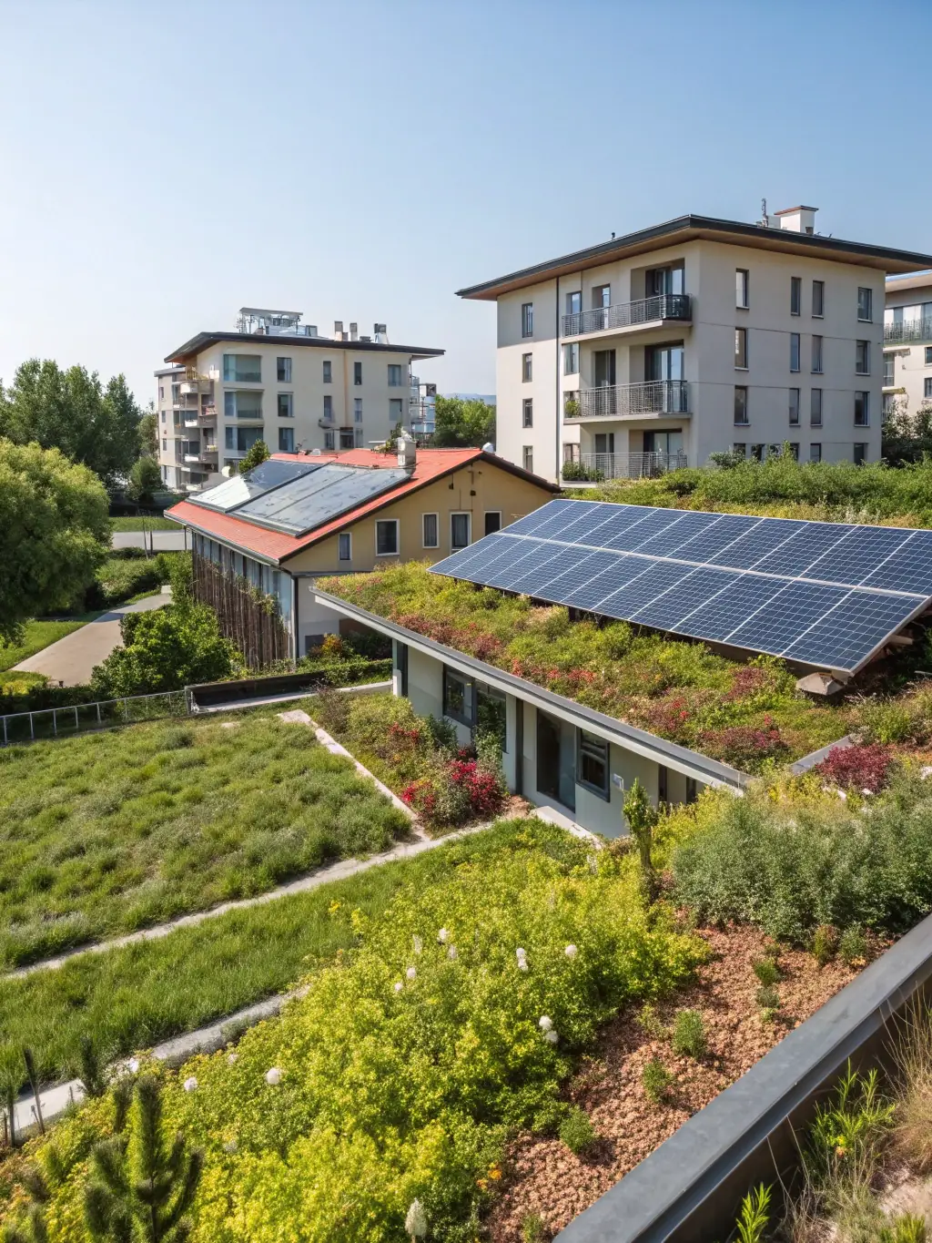 An aerial view of a modern, eco-friendly community center with solar panels and green spaces, illustrating a sustainable and community-focused development project.
