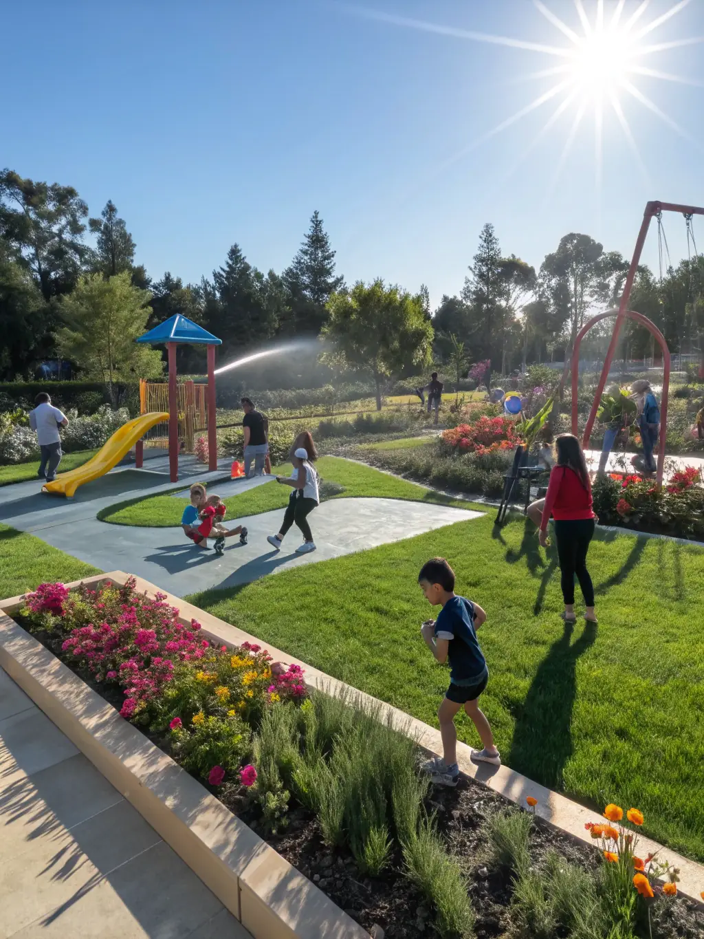 A lush, green urban park with families enjoying recreational activities, showcasing the positive impact of green spaces on community well-being and environmental sustainability.