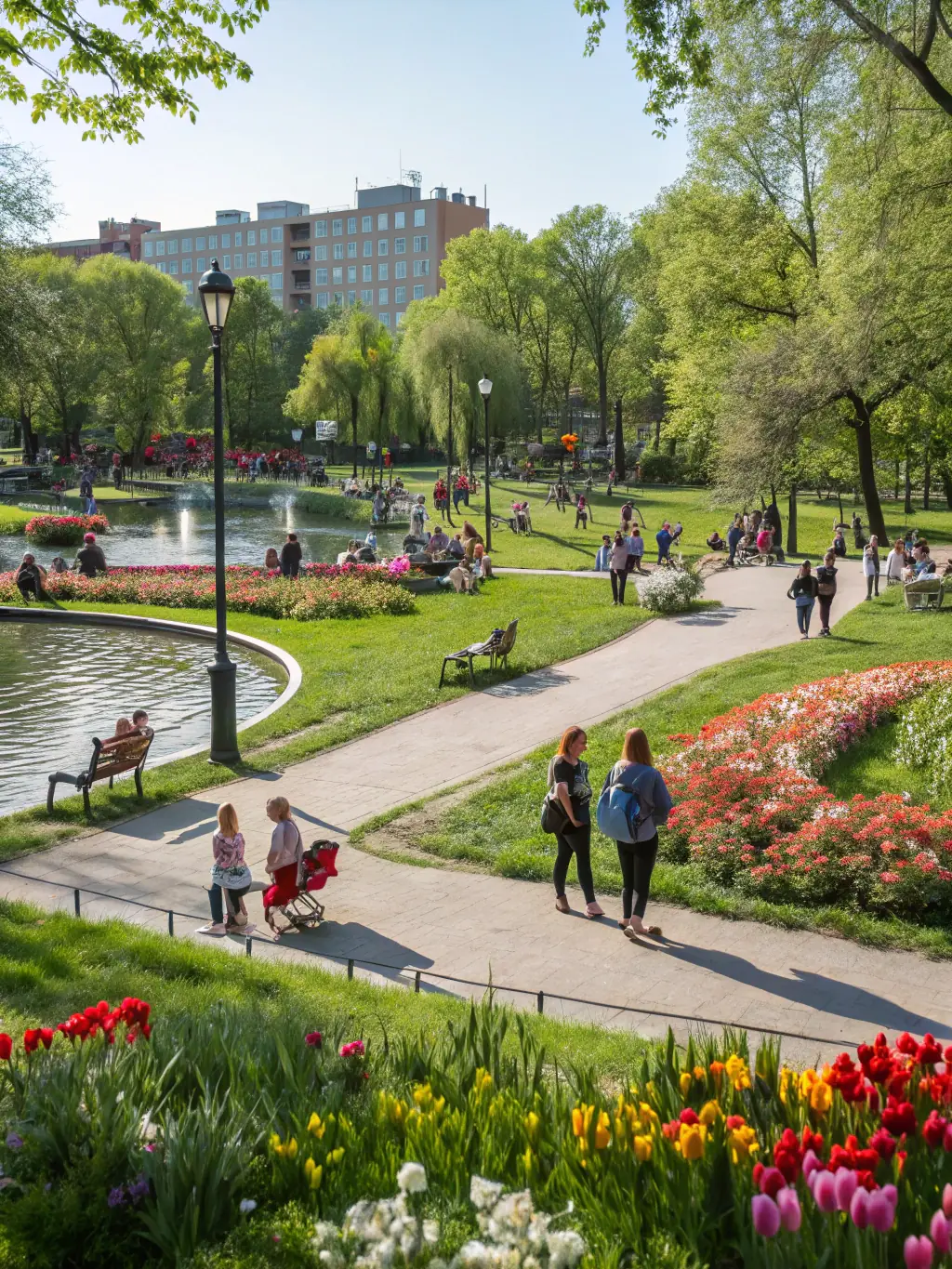 A lush, vibrant urban park with walking paths, a playground, and a community garden, filled with people enjoying nature and recreational activities, highlighting green space enhancement and community well-being.