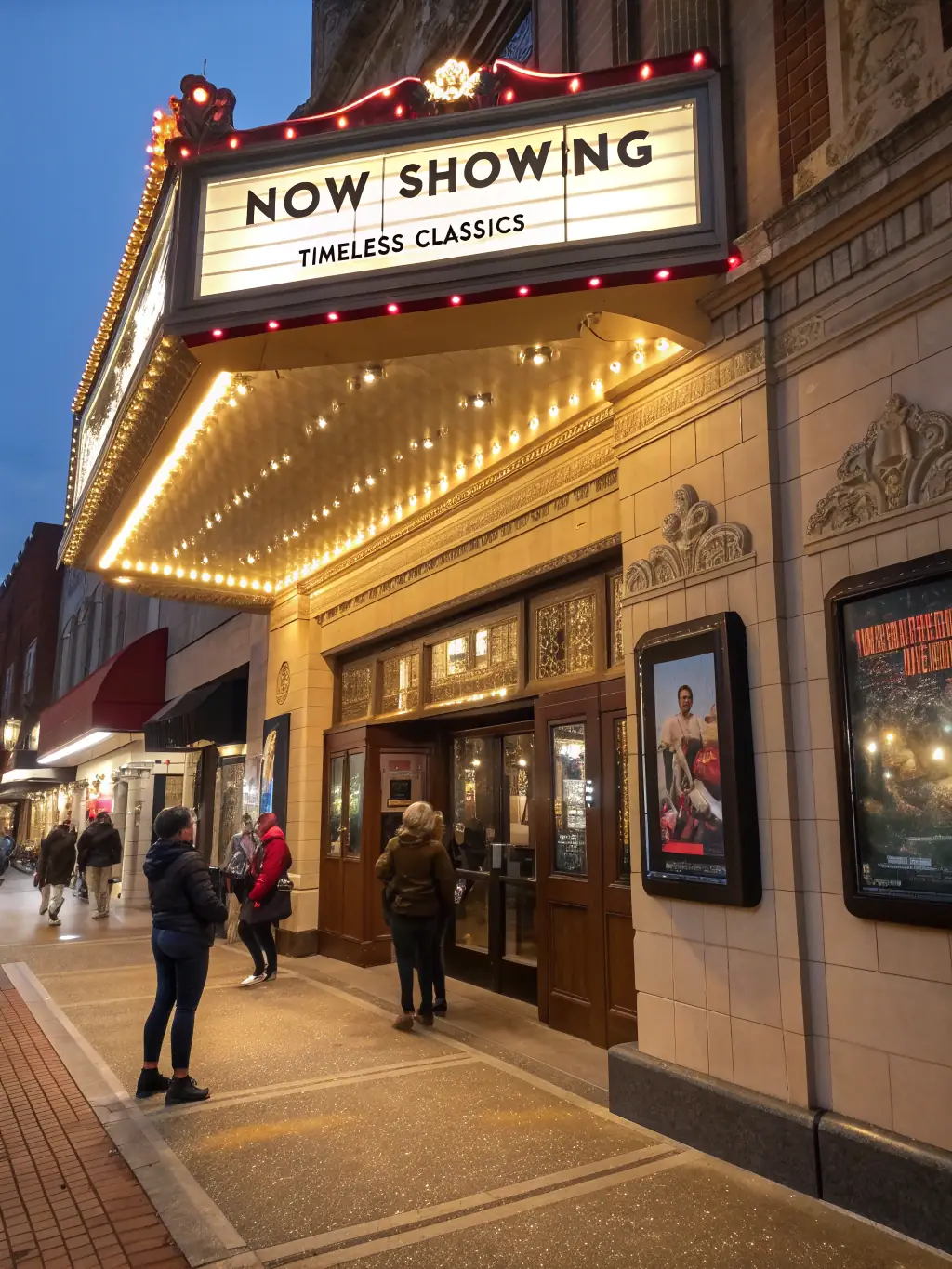 A beautifully restored historic theater with its marquee lit up at night, showcasing its architectural details and vibrant presence in the community, symbolizing cultural preservation and investment.