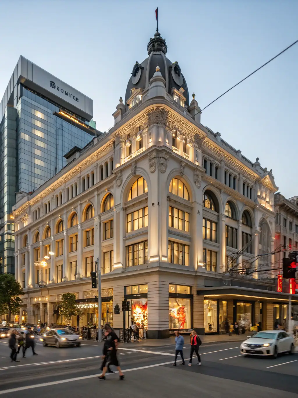 A beautifully restored historic building now housing local businesses and shops, with pedestrians strolling along the revitalized street, demonstrating economic growth and preservation.