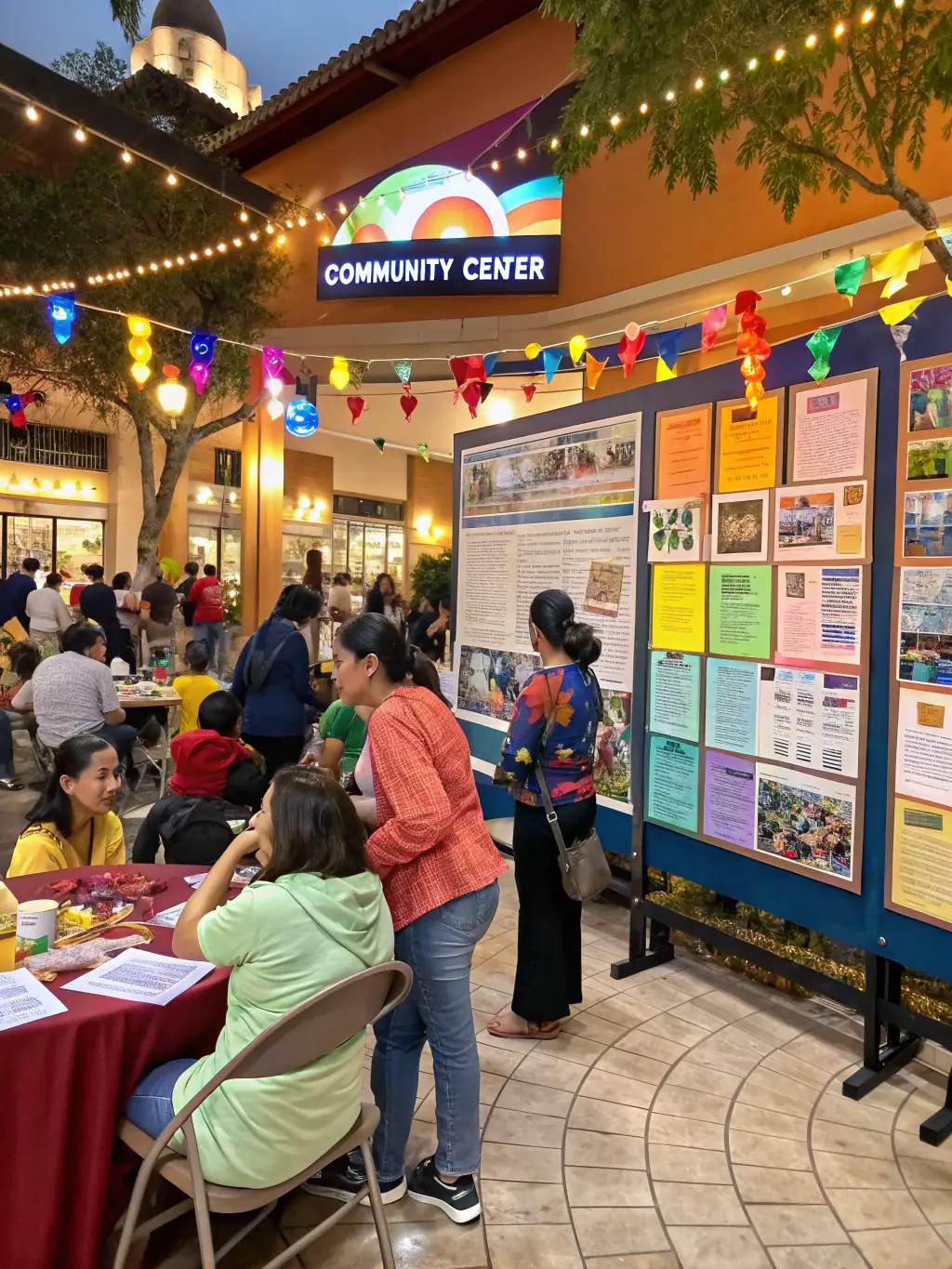 A modern, eco-friendly community center with solar panels and a green roof, bustling with activity, children playing, and seniors participating in programs, illustrating community engagement and sustainable development.
