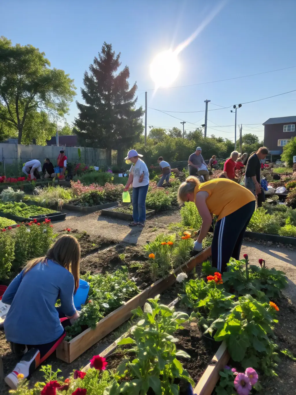 A newly constructed community garden with diverse plants and vegetables, surrounded by local residents of all ages, illustrating improved access to fresh produce and community bonding.