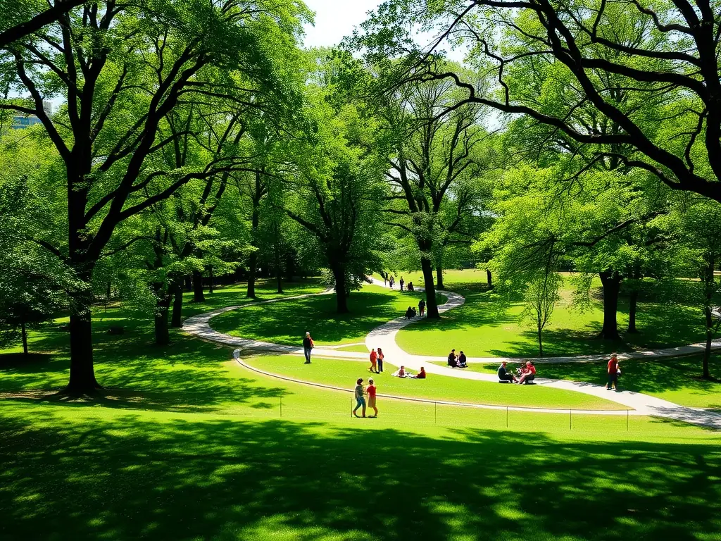 A lush green space with walking paths, benches, and community gardens, illustrating CommunityCapital's dedication to enhancing green spaces and promoting environmental sustainability.