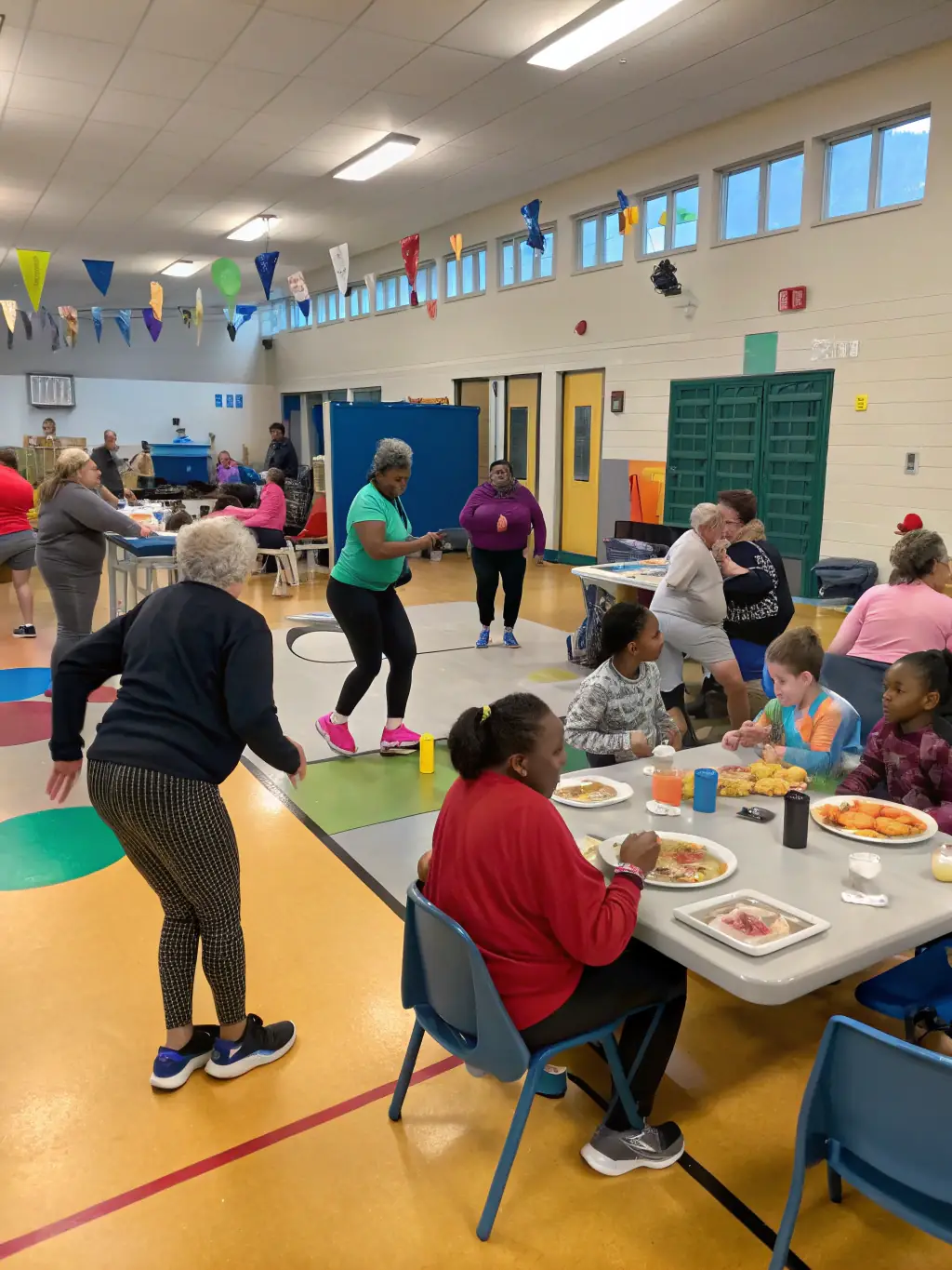 A modern, energy-efficient community center bustling with activity, including educational programs, fitness classes, and social gatherings, representing enhanced social infrastructure.